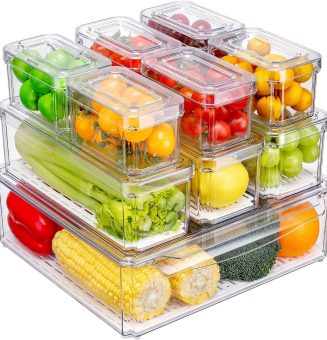 KUMD 10 Stück kühlschrank organizer, stapelbare kühlschrank organizer mit deckel, BPA-frei, klar Obst-Aufbewahrungsbehälter für Kühlschrank-Organizer, für Lebensmittel, Obst, Gemüse