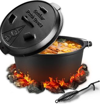 NSIRONS Dutch Oven, Dutch Oven Set 6 liter, Eingebrannter Feuertopf mit Deckelheber, Gusseiserner Feuertopf mit Doppelfunktions-Deckel, Für Outdoor and Indoor, Schwarz
