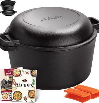 Overmont Gusseisen Topf Dutch Oven einsatzfertig eingebrannt Doppelfunktion Deckel/Bratpfanne für Küche Camping Garten BBQ Backen Gasgrill