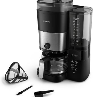 Philips All-in-1 Filterkaffeemaschine - integriertes Kegelmahlwerk für frisch gemahlenen Kaffee - Duo-Bohnenbehälter, 1,25-L-Glaskanne, individuelle Einstellung der Intensität (HD7900/50)