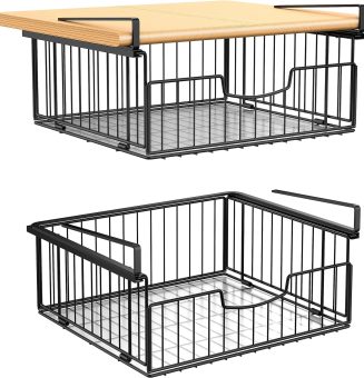 Unterregal Aufbewahrungskorb, 2 Stück Hängekorb Regal aus Metall, Unter Schrank Lagerung Organizer, Hängender Aufbewahrungskörbe für Küche, Speisekammer, Büro, Schreibtisch, Bücherregal (Schwarz)